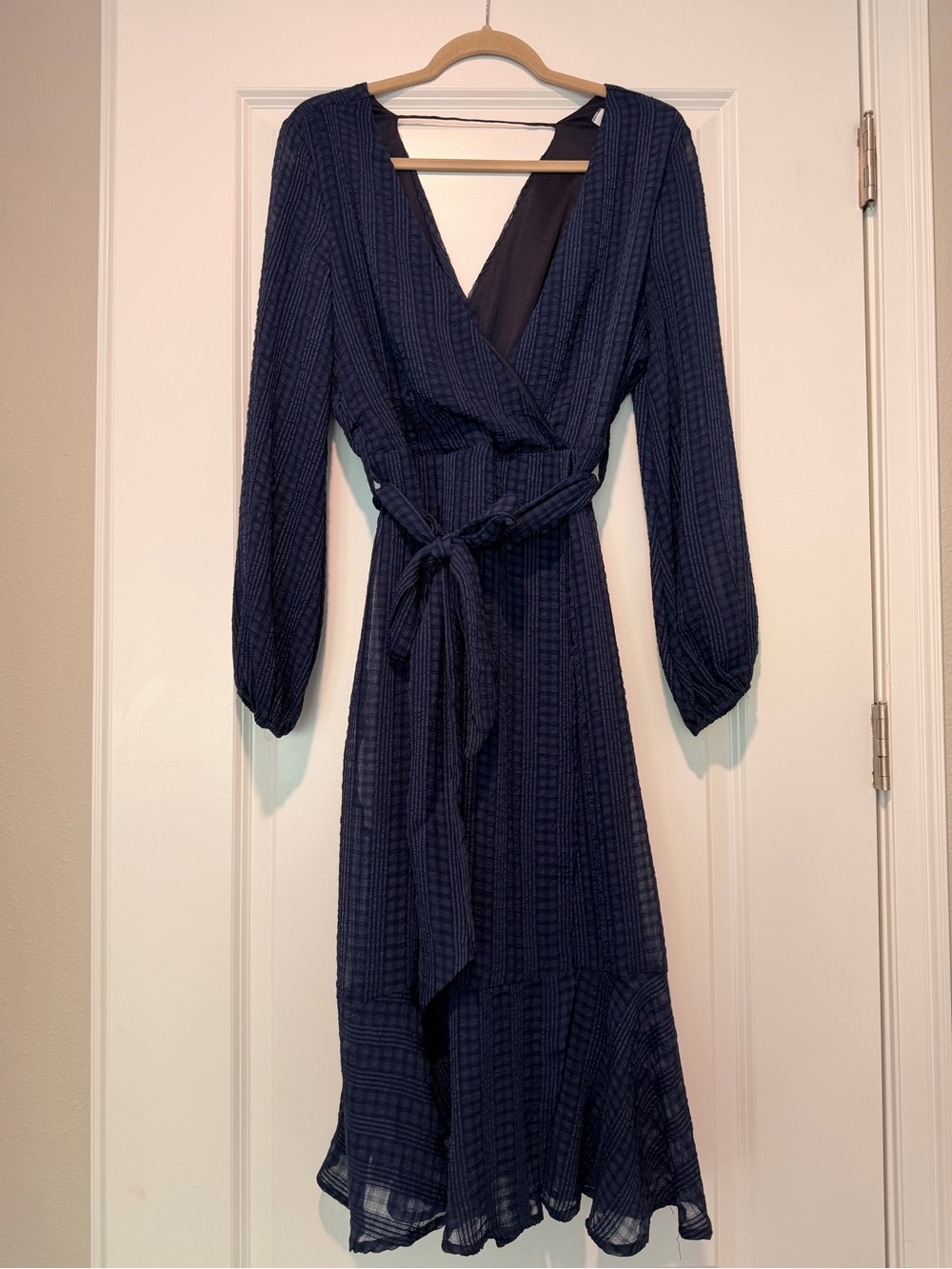 NSR Navy Wrap Midi Dress with Tie Waist